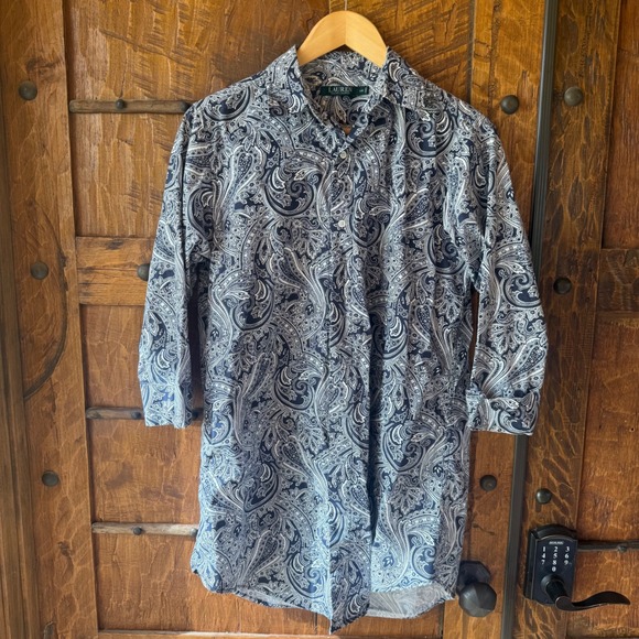 Lauren Ralph Lauren Tops - Lauren Ralph Lauren Paisley Button Down Womens XS Navy Long Sleeve Cotton Formal